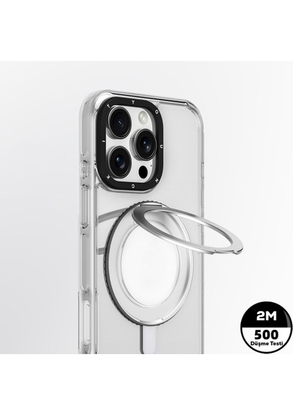 iPhone 16 Pro Max Kılıf Magsafe Özellikli Parmak Ring Standlı Pivot Serisi Kapak Şeffaf