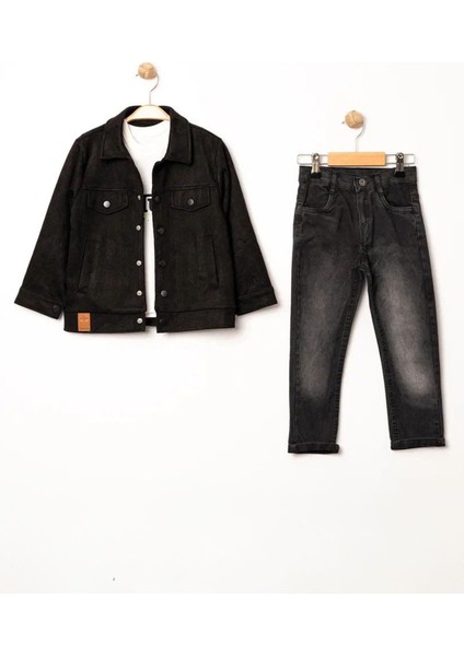 (5-8 Yaş) Desenli Süet Ceketli Erkek Çocuk 3 lü takım - Siyah