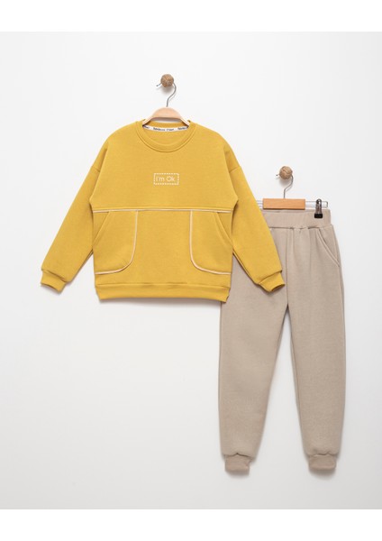 Erkek Çocuk 6-7-8-9 Yaş Pamuklu Şardonlu 3 Ip Sweatshirt Jogger Takım I'm Ok Baskılı