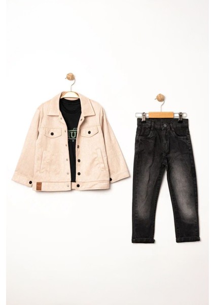 (5-8 Yaş) Desenli Süet Ceketli Erkek Çocuk 3 lü takım - Bej
