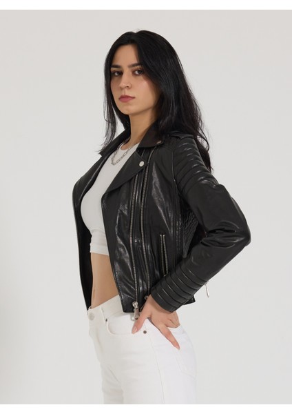 Kadın Siyah Biker Deri Ceket