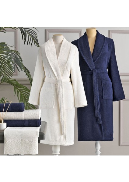 Bornoz Takımı Branch Aile Seti Çift Kişilik Lacivert Krem