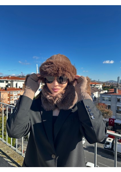 Trend Kahverengi Ressam Bere Lüks Peluş Mıknatıslı Boyunluk Kürklü Eldiven 3'lü Set Takım