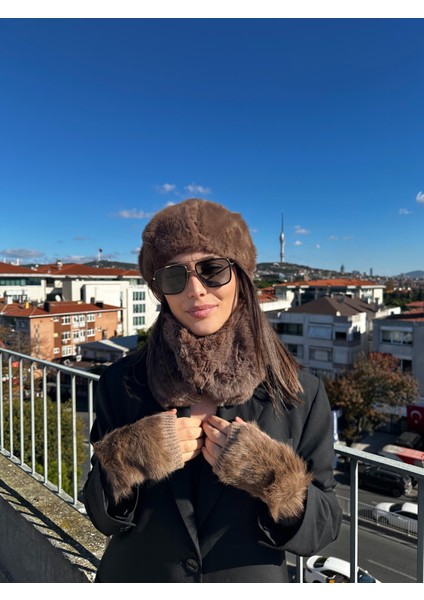 Trend Kahverengi Ressam Bere Lüks Peluş Mıknatıslı Boyunluk Kürklü Eldiven 3'lü Set Takım fiyatları
