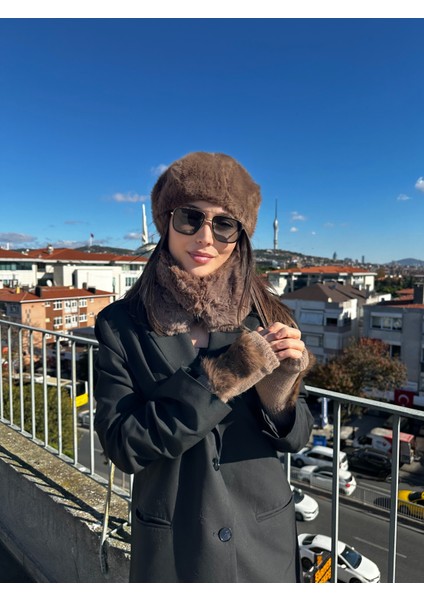 Trend Kahverengi Ressam Bere Lüks Peluş Mıknatıslı Boyunluk Kürklü Eldiven 3'lü Set Takım modelleri