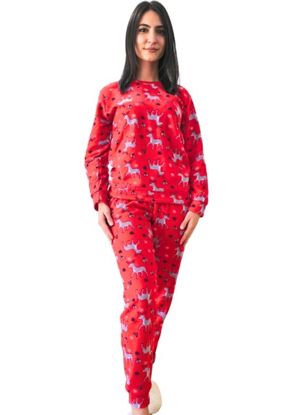 Baskılı Kadın Polar Peluş Yeni Yıl Pijama Takımı (Geyik)