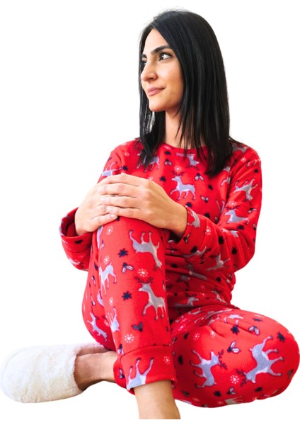 Baskılı Kadın Polar Peluş Yeni Yıl Pijama Takımı (Geyik) fiyatları