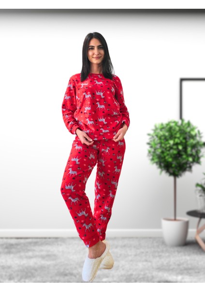 Baskılı Kadın Polar Peluş Yeni Yıl Pijama Takımı (Geyik) modelleri