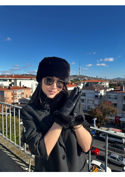 Rus/slav Kalpak Şapka Lastikli Ayarlanabilir Peluş Boyunluk Deri Kürk Detaylı Eldiven 3'lü Set Takım