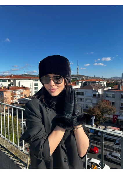 Rus/slav Kalpak Şapka Lastikli Ayarlanabilir Peluş Boyunluk Deri Kürk Detaylı Eldiven 3'lü Set Takım