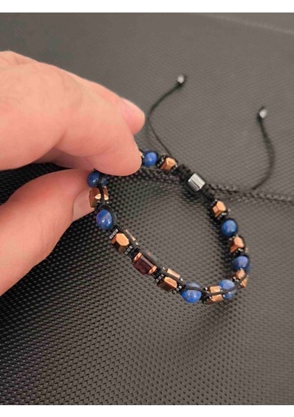 6 mm Lapis Lazuli-Küp Hematit ve Damla Kehribar Doğaltaş Bileklik