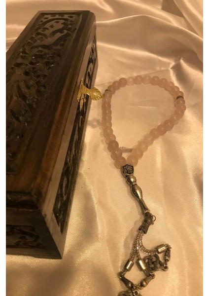 Tespih Pembe Kuvars Doğal Taş Kuars Tesbih Gümüş Imameli Ahşap Kutulu Pembe Quarts