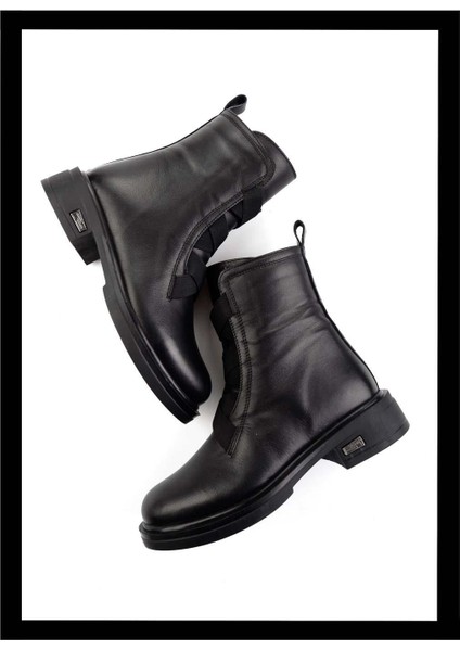 Siyah Deri Kadın Bot & Bootie K02724202003