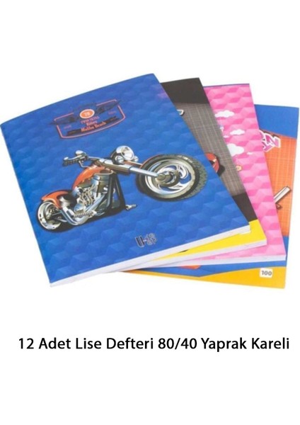 12 Adet Lise Defteri 80/40 Yaprak Kareli