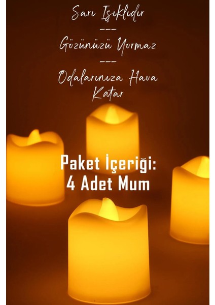 LED Mum Seti Pilli Dumansız Alevli 4 Adet Mat Beyaz Mini Ledli Dekoratif Yapay Mum Dekor Işığı