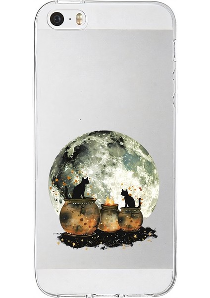 Apple Iphone 5s Uyumlu Ay ve Kediler Desenli Silikon Kılıf