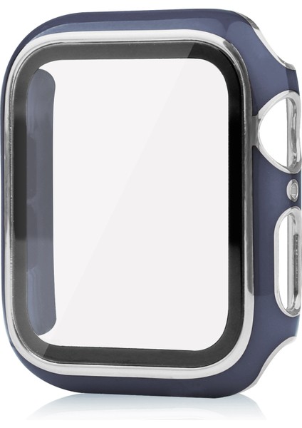 Apple Watch Serisi 8 45MM / 7 45MM Çift Renkli Elektrokaplatma Izleme Kılıfı Yerleşik Temperli Cam Ekran Koruyucu Sabit Pc Genel Koruyucu Kapak - Mavi / Gümüş (Yurt Dışından)