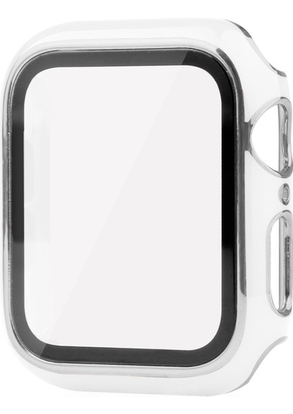 Apple Watch Serisi 8 45MM / 7 45MM Çift Renkli Elektrokaplatma Saat Kılıfı Dahili Temperli Cam Ekran Koruyucu Sabit Pc Genel Koruyucu Kapak - Beyaz / Gümüş (Yurt Dışından)