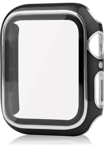 Apple Watch Serisi 8 45MM / 7 45MM Çift Renkli Elektrokaplatma Izleme Kılıfı Yerleşik Temperli Cam Ekran Koruyucu Sabit Pc Genel Koruyucu Kapak - Siyah / Gümüş (Yurt Dışından)