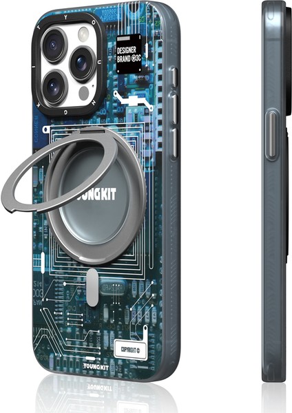 iPhone 14 Pro Max Kılıf Magsafe Şarj Özellikli 360° Standlı Technology Serisi Kapak Mavi