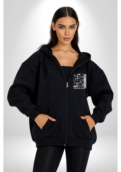 Iskelet Aşkı Kuş Kırk Kalp ve Kuru Çiçekler Erkek Kadın Siyah Fermuarlı Baskılı Hırka Sweatshirt