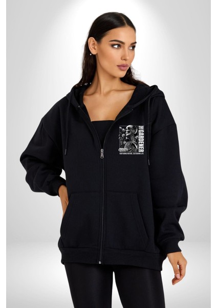 Iskelet Aşkı Kuş Kırk Kalp ve Kuru Çiçekler Erkek Kadın Siyah Fermuarlı Baskılı Hırka Sweatshirt