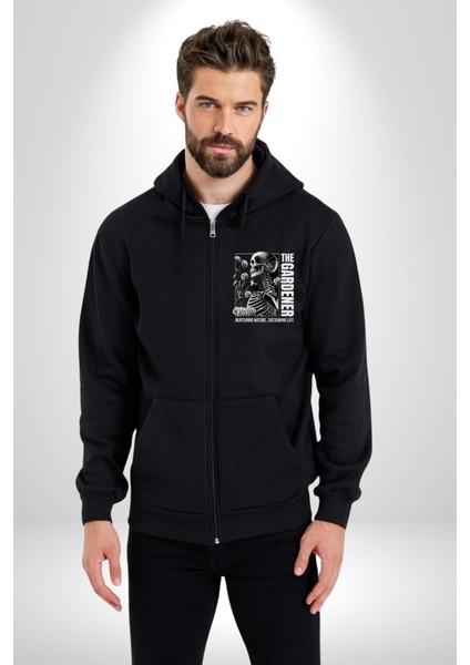 Iskelet Aşkı Kuş Kırk Kalp ve Kuru Çiçekler Erkek Kadın Siyah Fermuarlı Baskılı Hırka Sweatshirt