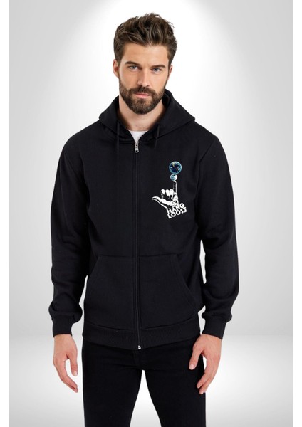 Hang Loose Dünya Temalı Eğlenceli Tasarım Erkek Kadın Siyah Fermuarlı Baskılı Hırka Sweatshirt fırsatları