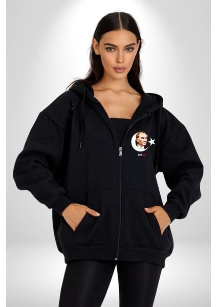 Ay Yıldız Atatürk 10 Kasım Sonsuza Kadar Erkek Kadın Siyah Fermuarlı Baskılı Hırka Sweatshirt