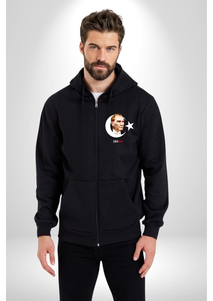 Ay Yıldız Atatürk 10 Kasım Sonsuza Kadar Erkek Kadın Siyah Fermuarlı Baskılı Hırka Sweatshirt