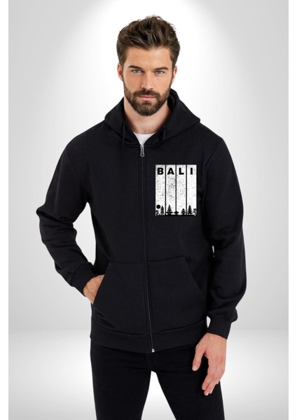 Bali Endonezya Erkek Kadın Siyah Fermuarlı Baskılı Hırka Sweatshirt