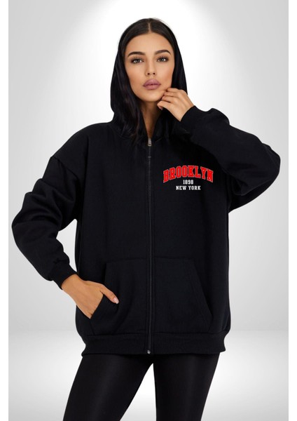 Brooklyn Kırmızı Erkek Kadın Siyah Fermuarlı Baskılı Hırka Sweatshirt fırsatları