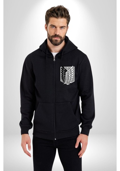 Survey Corps Sembolü (Attack On Titan) Erkek Kadın Siyah Fermuarlı Baskılı Hırka Sweatshirt