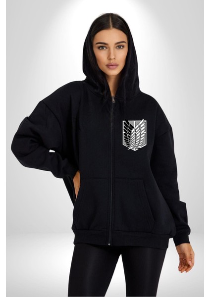Survey Corps Sembolü (Attack On Titan) Erkek Kadın Siyah Fermuarlı Baskılı Hırka Sweatshirt