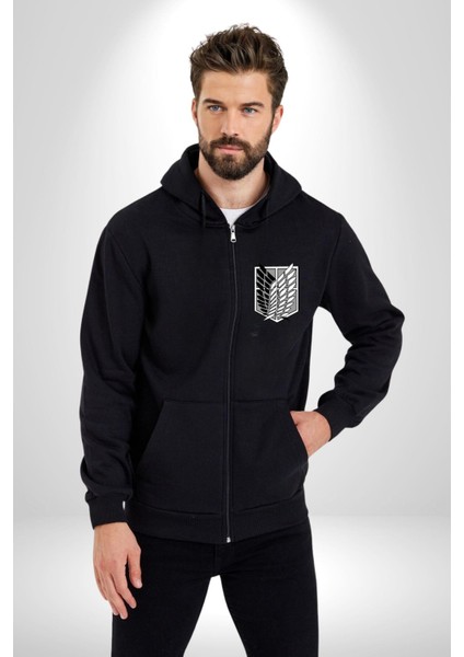 Survey Corps Sembolü (Attack On Titan) Erkek Kadın Siyah Fermuarlı Baskılı Hırka Sweatshirt