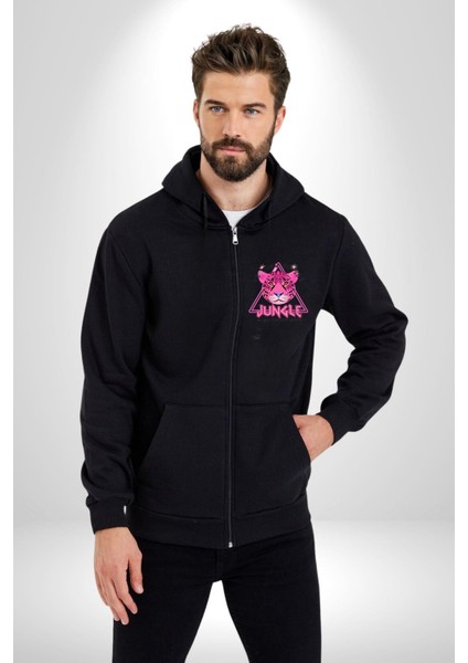Neon Jungle Leopar Tasarım Erkek Kadın Siyah Fermuarlı Baskılı Hırka Sweatshirt