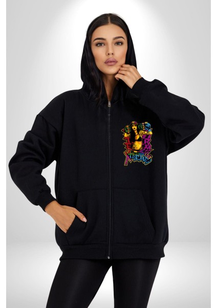 Kayakcı Kız Erkek Kadın Siyah Fermuarlı Baskılı Hırka Sweatshirt