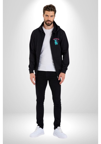 Mavi Uzaylı Sinirli Sfenks Kedisi Erkek Kadın Siyah Fermuarlı Baskılı Hırka Sweatshirt