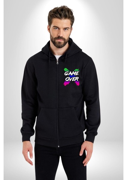 Game Over Oyun Bitti Erkek Kadın Siyah Fermuarlı Baskılı Hırka Sweatshirt