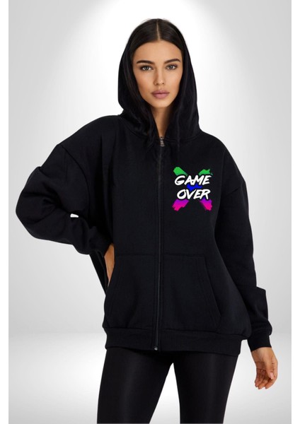 Game Over Oyun Bitti Erkek Kadın Siyah Fermuarlı Baskılı Hırka Sweatshirt