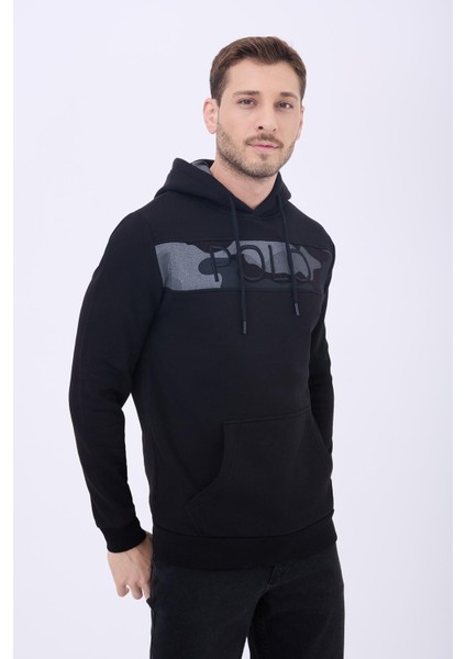 Erkek Polo Nakışlı Kapüşonlu 3 Iplik Sweatshirt Siyah