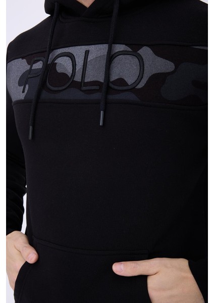 Erkek Polo Nakışlı Kapüşonlu 3 Iplik Sweatshirt Siyah