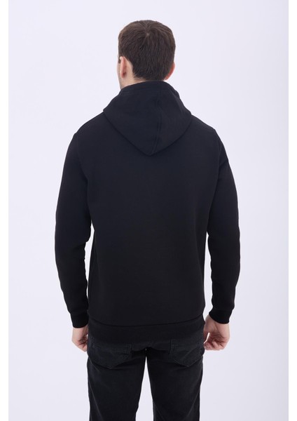 Erkek Polo Nakışlı Kapüşonlu 3 Iplik Sweatshirt Siyah