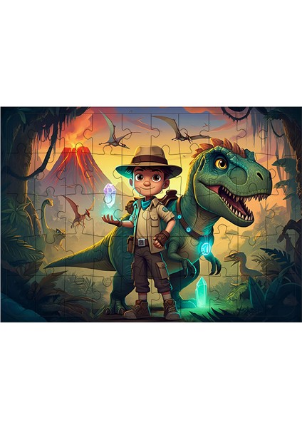 Ahşap Mdf Puzzle Yapboz Ormanda Dinozor Kaşifi 50 Parça 35*50 cm