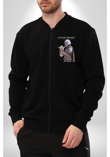 Mandalorian ve Baby Yoda Star Wars Erkek Kadın Dijital Baskılı Siyah Kolej Ceket - Unisex