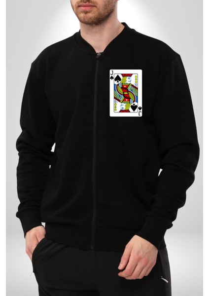 Jack Of Spades Klasik Iskambil Kartı Grafiği Erkek Kadın Dijital Baskılı Siyah Kolej Ceket - Unisex