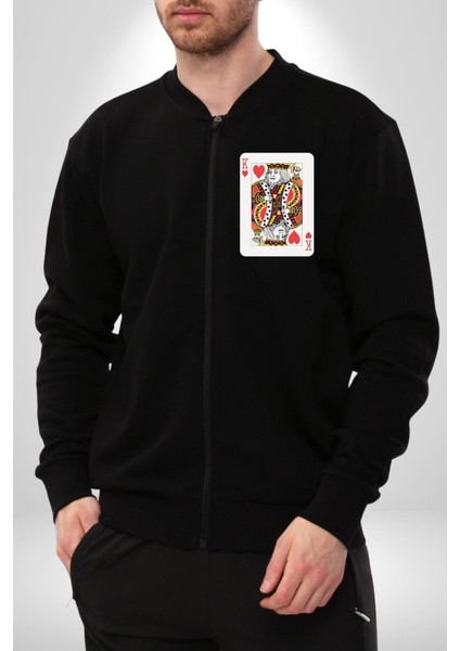 King Of Hearts Klasik Iskambil Kartı Grafiği Erkek Kadın Dijital Baskılı Siyah Kolej Ceket - Unisex