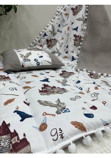 Harry Potter Temalı Poplin Kumaş ve Ponponlu Alt Açma , Yastık ve Battaniye 3'lü Set
