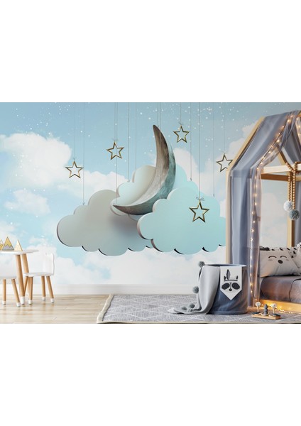 3 Boyutlu Bulutlar Mavi Çocuk Odası Duvar Kağıdı