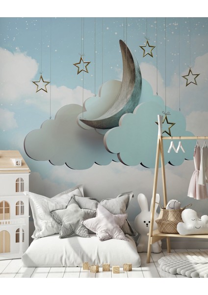 3 Boyutlu Bulutlar Mavi Çocuk Odası Duvar Kağıdı modelleri
